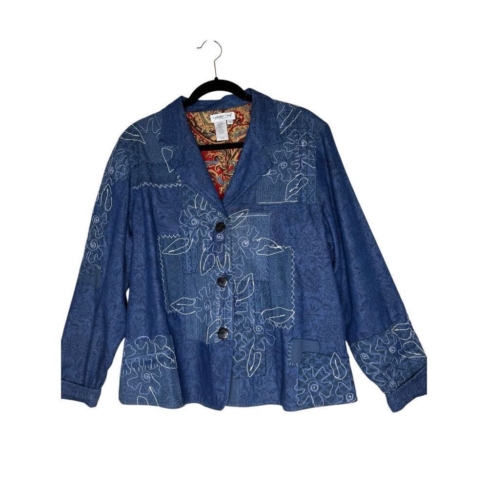 Vintage Coldwater Creek Jacket Blue Denim Embroidered Patchwork Size XL Prairie